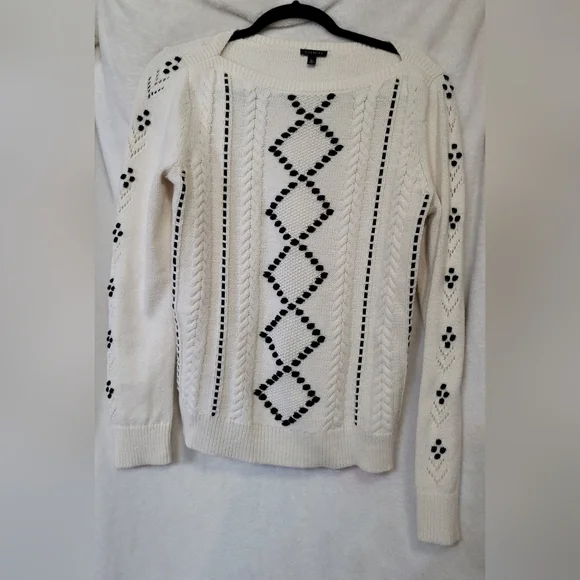 TALBOTS Women's M Velvet Ribbon Sweater Cream Cable Knit Black Ribbon Sweater - Picture 2 of 6